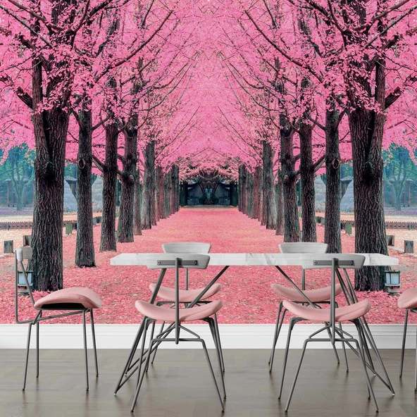 Pembe Ağaç Orman Manzaralı Duvar Kağıdı - Resim 5