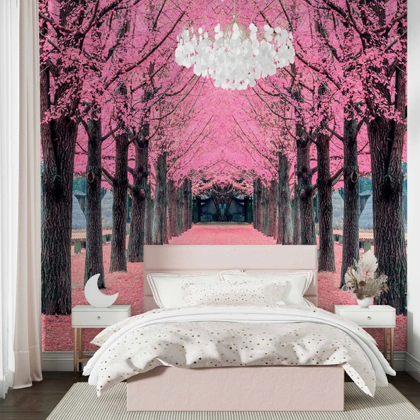 Pembe Ağaç Orman Manzaralı Duvar Kağıdı - Resim 2