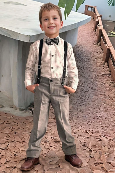 Erkek Bebek Desenli Gömlek, Papyon ve Askılı Gri Pantolon Alt Üst Takım - 2