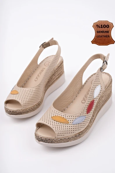 Muggo FİLYOS Hakiki Deri Arkası Açık Dolgu Topuklu Ayarlanabilir Kemerli Delikli Günlük Kadın Sandalet