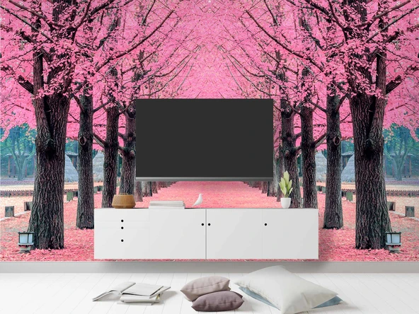 Pembe Ağaç Orman Manzaralı Duvar Kağıdı - Resim 3