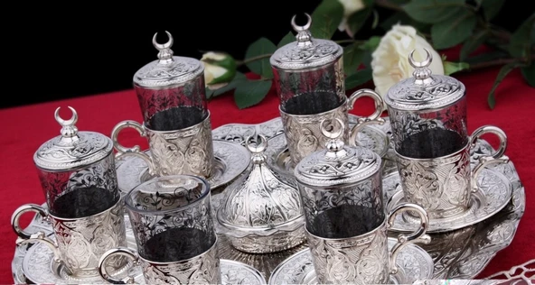 SENA Ab-ı Hayat 27 Parça Gümüş Renkli Yuvarlak Tepsili 6 Kişilik Çay Takımı Kutulu - 3