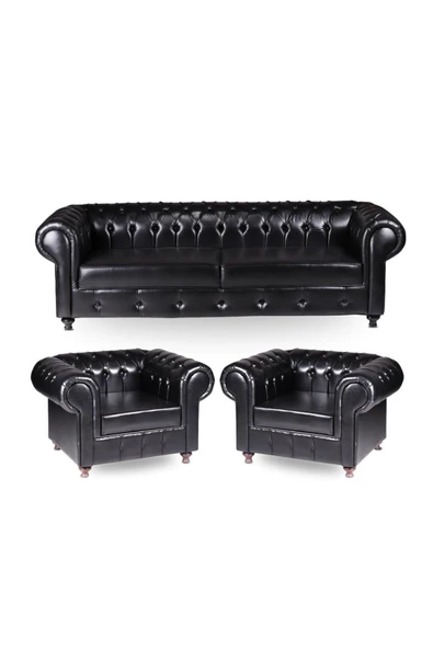 Koltukstilim   Chester Siyah Deri Kanepe Takımı