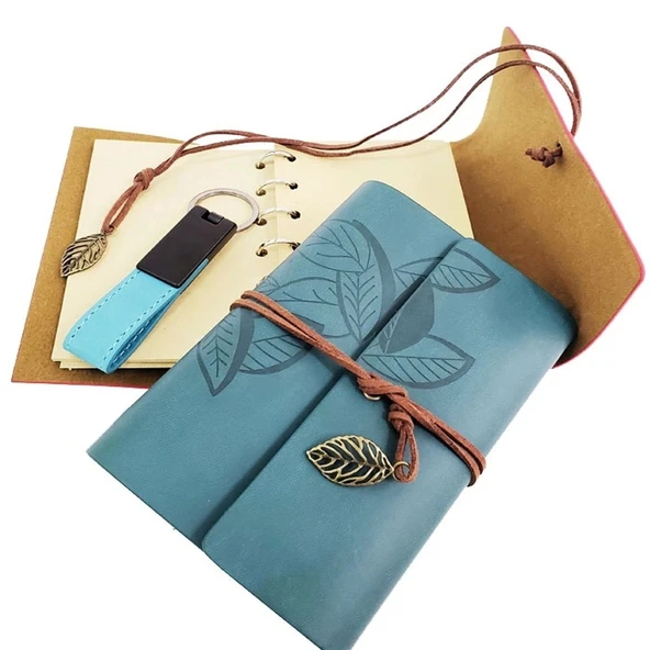 Özel Ahşap Kutulu Mavi Deri Defter Ve Anahtarlık Set - 2
