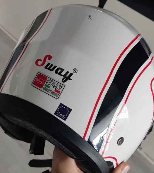 Sway 715 Şeffaf Vizörlü Yarım Motosiklet Scooter Kaskı S Beden Nano Beyaz Siyah Kırmızı Desen - 3