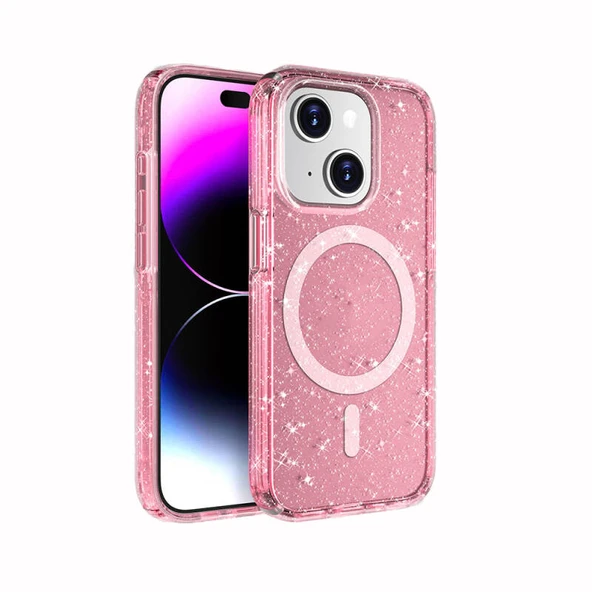 iPhone 14 Plus Kılıf Işıltılı ve Magsafe Özellikli Allstar Premium Kapak Rose