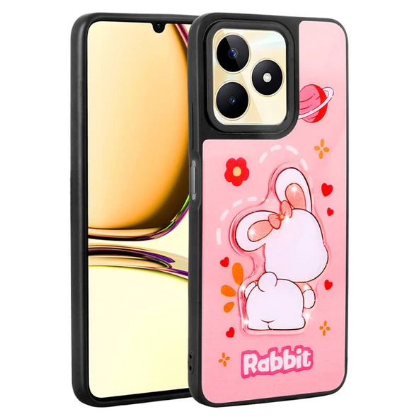 Realme C55 Kılıf Kabartma Parlak Figürlü Şık Amas Premium Silikon Kapak Pembe