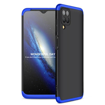 Galaxy A12 Kılıf 3 Parçalı Tam Koruma Şık Astrea Premium Sert Kapak Siyah Mavi