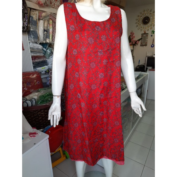 Luisido- 8013 E 254- Kolsuz-Desenli Vual Elbise- Renk Kırmızı- M beden