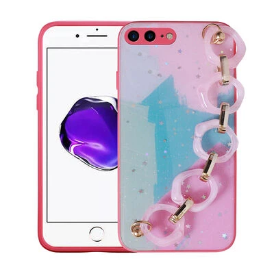 iPhone 7 Plus Kılıf Elcikli ve Desenli ŞıK Elsa Premium Silikon Kılıf Koyu Pembe