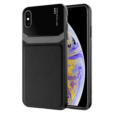 iPhone X Kılıf Şık Deri Görünüklü PC Emiks Premium Kapak Siyah - 1