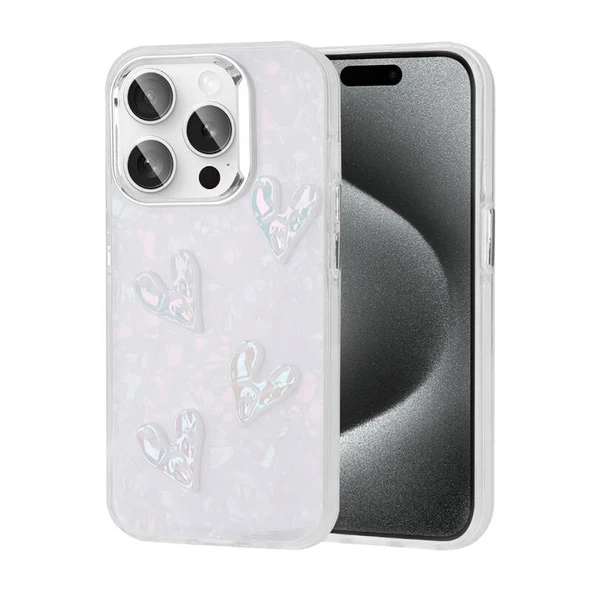 iPhone 15 Pro Kılıf Kabartma Figürlü Parlak Eralli Silikon Kapak Kalp