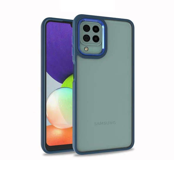 Samsung Galaxy A12 Kılıf Kenarları ve Kamera Çerçevesi Renkli Şeffaf Flora Kapak Mavi