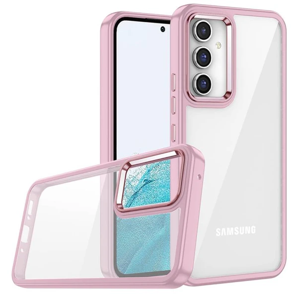 Samsung Galaxy A14 Kılıf Kenarları ve Kamera Çerçevesi Renkli Şeffaf Flora Kapak Pembe