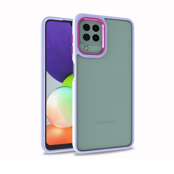 Samsung Galaxy A22 4G Kılıf Kenarları ve Kamera Çerçevesi Renkli Şeffaf Flora Kapak Lila