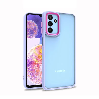 Samsung Galaxy M23 Kılıf Kenarları ve Kamera Çerçevesi Renkli Şeffaf Flora Kapak Lila