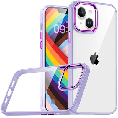 iPhone 14 Plus Kılıf Kenarları ve Kamera Çerçevesi Renkli Şeffaf Flora Kapak Lila