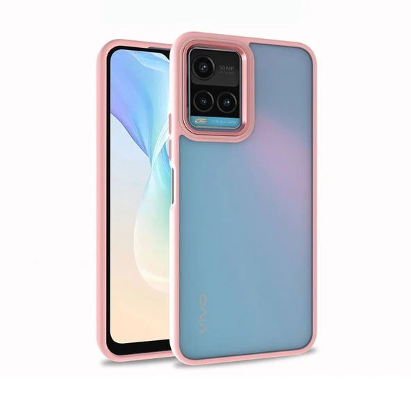 Vivo Y32 Kılıf Kenarları ve Kamera Çerçevesi Renkli Şeffaf Flora Kapak Pembe