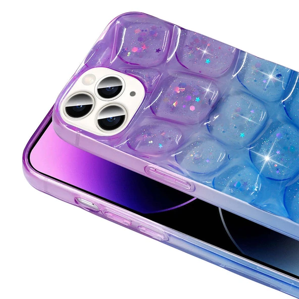 iPhone 15 Pro Max Kılıf Simli 3D Desenli Hacar Kapak Mor Mavi - 2