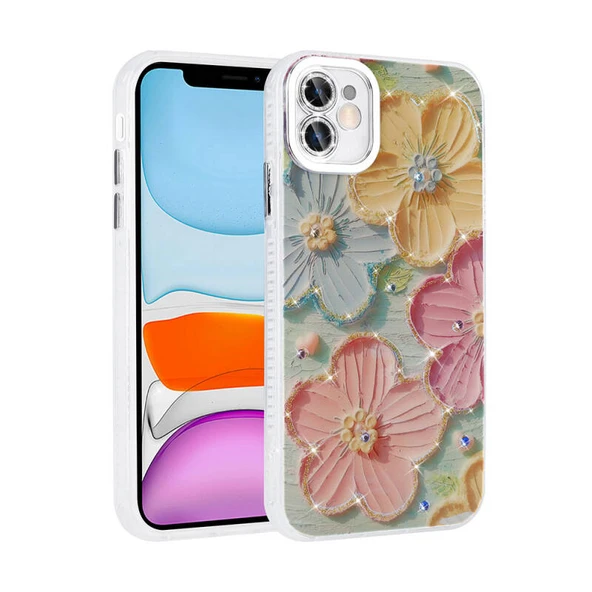 iPhone 11 Kılıf Çiçek Desenli Parlak Taşlı Sert Silikon Garden Kapak Colorful