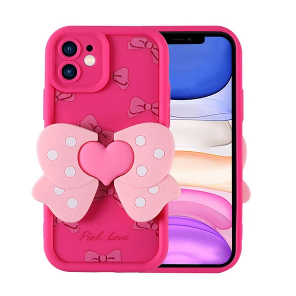 iPhone 11 Kılıf Kamera Korumalı Kelebek Figürlü Kapya Kapak Koyu Pembe