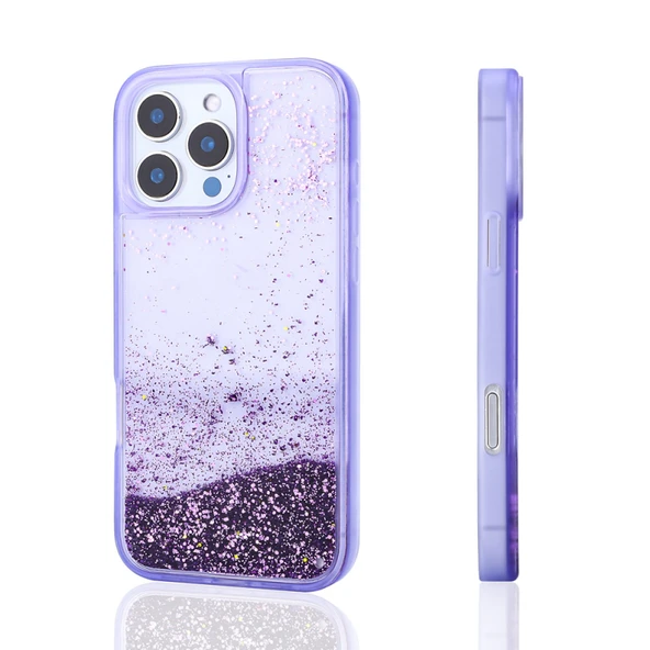 iPhone 16 Pro Max Sıvı Simli Arkası Şeffaf Keto Premium Silikon Kapak Mor