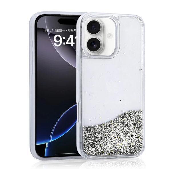iPhone 16 Sıvı Simli Arkası Şeffaf Keto Premium Silikon Kapak Gümüş
