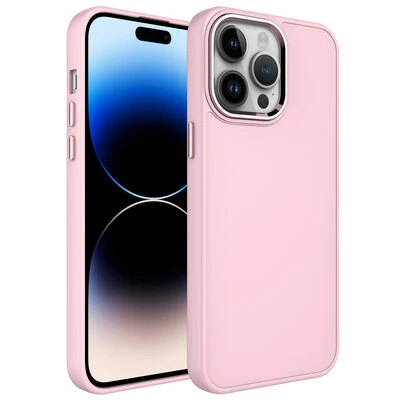 iPhone 14 Pro Max Kılıf Metal Çerçeve ve Buton Tasarımlı Silikon Luna Kapak Pembe