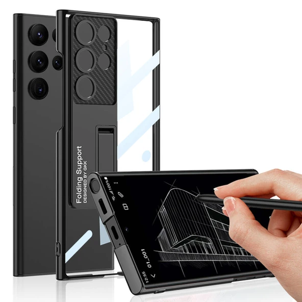 Samsung Galaxy S23 Kılıf Kamera Korumalı Şeffaf Tasarımlı Lego Standlı Kapak Gümüş - 3