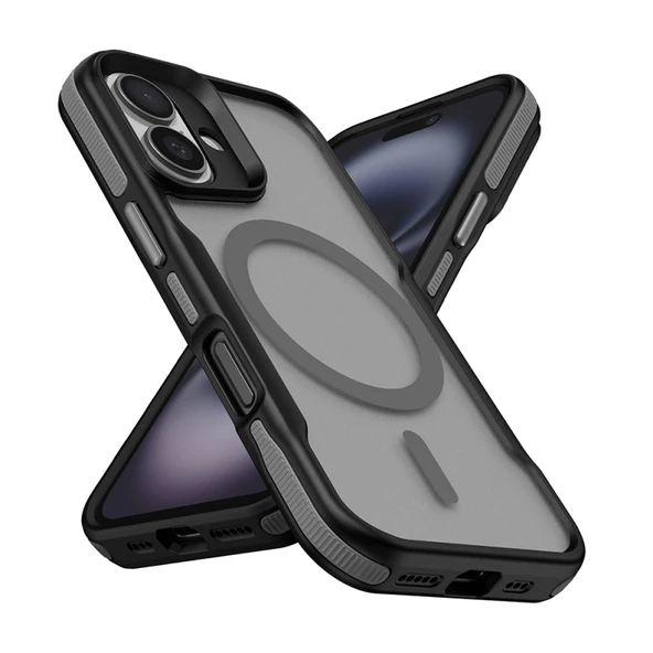iPhone 16 Plus Kılıf Magsafe Özellikli Renkli Kenarlı ve Airbag Şeritli Lamer Kapak Gri