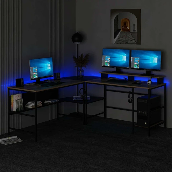 Minar Greta Köşe Masa Set (Led Işıklı) - Dore-Siyah - 5