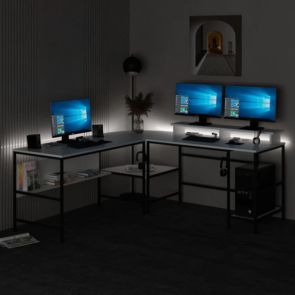 Minar Greta Köşe Masa Set (Led Işıklı) - Beyaz