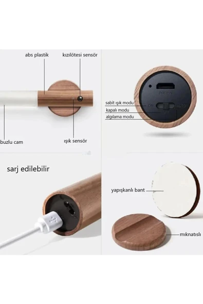 10 Adet Şarjlı Kablosuz Sensörlü Led Aplik Şarjlı Harekete Duyarlı Dokoratif Duvar Lambası - Resim 6