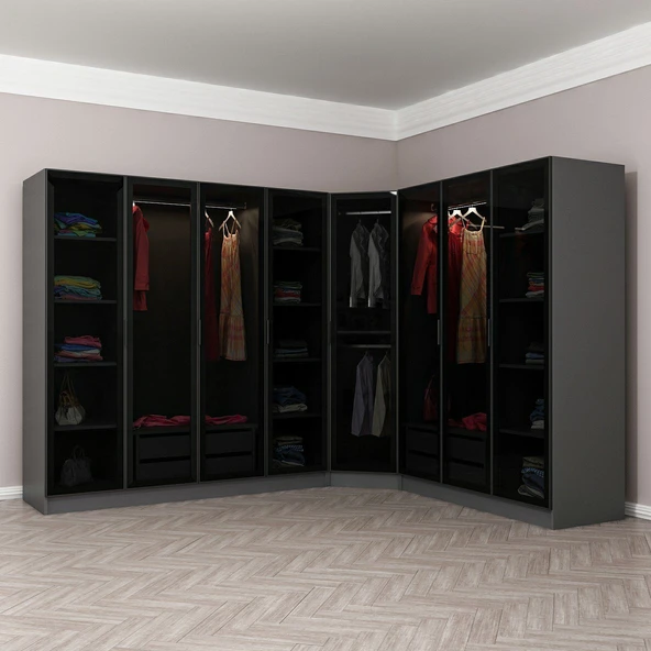 Minar Kale 190 8 Füme Cam Kapaklı 4Ç Köşe Dolap Antrasit Füme Cam - Resim 3