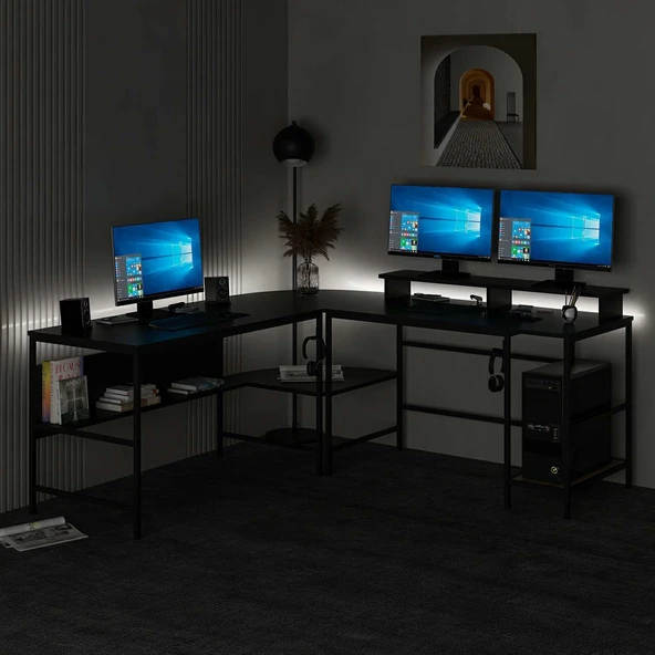 Minar Greta Köşe Masa Set (Led Işıklı) - Mat Siyah
