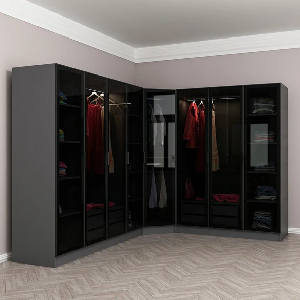 Minar Kale 190 8 Füme Cam Kapaklı 4Ç Köşe Dolap Antrasit Füme Cam - Resim 2