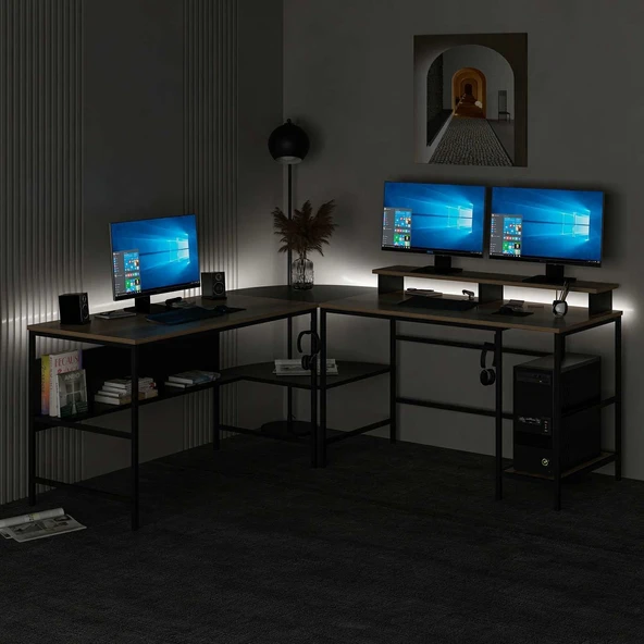 Minar Greta Köşe Masa Set (Led Işıklı) - Dore-Siyah