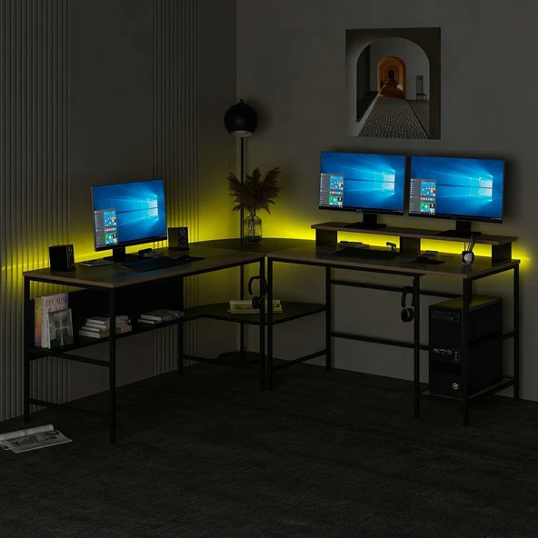 Minar Greta Köşe Masa Set (Led Işıklı) - Dore-Siyah - 6