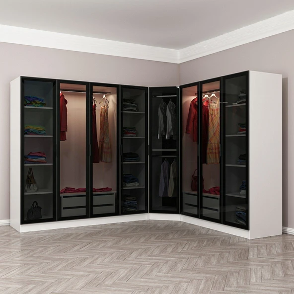 Minar Kale 190 8 Füme Cam Kapaklı 4Ç Köşe Dolap Beyaz Füme Cam - Resim 3