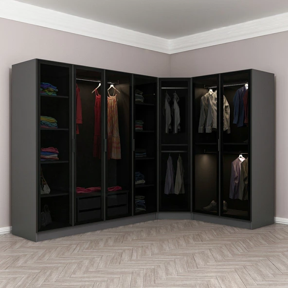 Minar Kale 190 7 Füme Cam Kapaklı 2Ç Köşe Dolap Antrasit Füme Cam - Resim 3