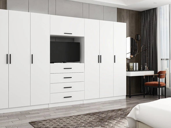 Minar Kale190 6 Kapaklı 4 Çekmeceli Tv Modüllü Dolap Beyaz - Resim 3