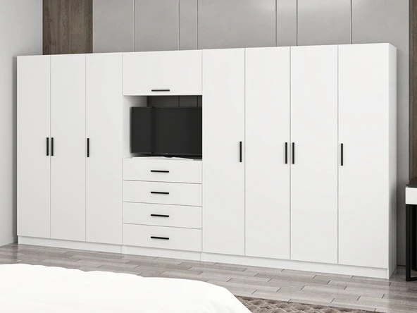 Minar Kale190 7 Kapaklı 4 Çekmeceli Tv Modüllü Dolap Beyaz - Resim 2