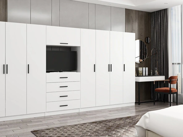 Minar Kale190 7 Kapaklı 4 Çekmeceli Tv Modüllü Dolap Beyaz - Resim 3