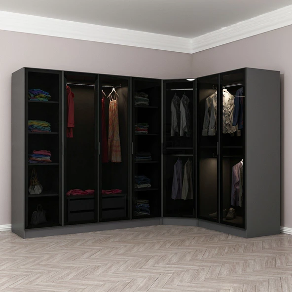 Minar Kale 190 7 Füme Cam Kapaklı 2Ç Köşe Dolap Antrasit Füme Cam - Resim 2