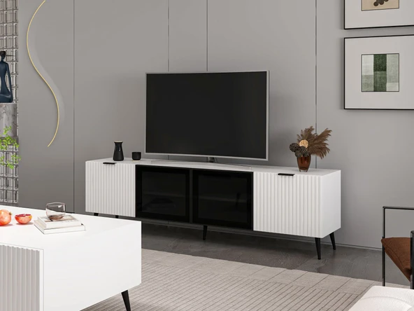 Minar Kale Tv Ünitesi Plus - Beyaz Beyaz Füme Cam - Resim 2