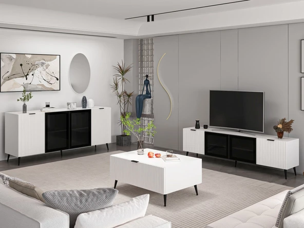 Minar Kale Plus Set1 Tv + Orta Sehpa + Aynalı Konsol Beyaz