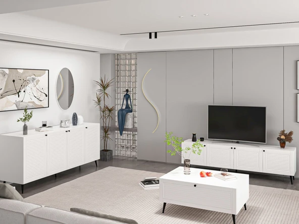 Minar Kale Pandora Set1 Tv + Orta Sehpa + Aynalı Konsol Beyaz - Resim 3