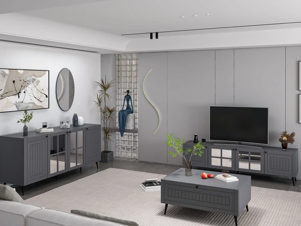 Minar Kale İlkbahar Set1 Tv + Orta Sehpa + Aynalı Konsol Antrasit - Resim 2