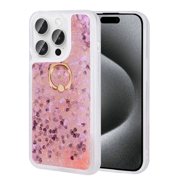 iPhone 15 Pro Sıvı Simli ve Yüzüklü Şık Milce Premium Silikon Kılıf Pembe