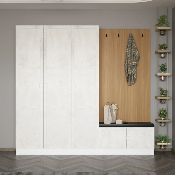 Minar Kale Dekor Panel 3 Kpk 1 Bölme Raf Port + Ayakkabılık Minderli Byz Eskitme Byz